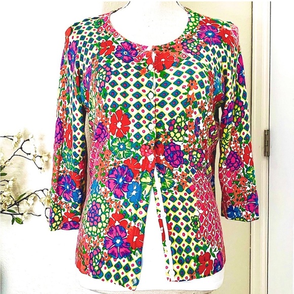 TALBOTS Colorful Geo & Floral Print Button-Up Cardigan Sweater Womens Sz… - Picture 2 of 13